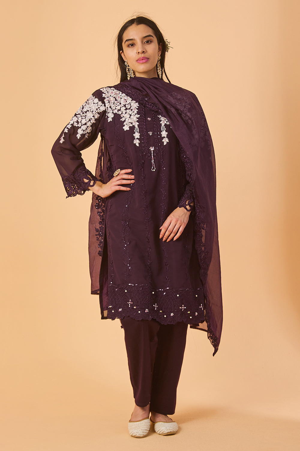 dhartii Deep Purple Georgette Embroidered Ethnic Set