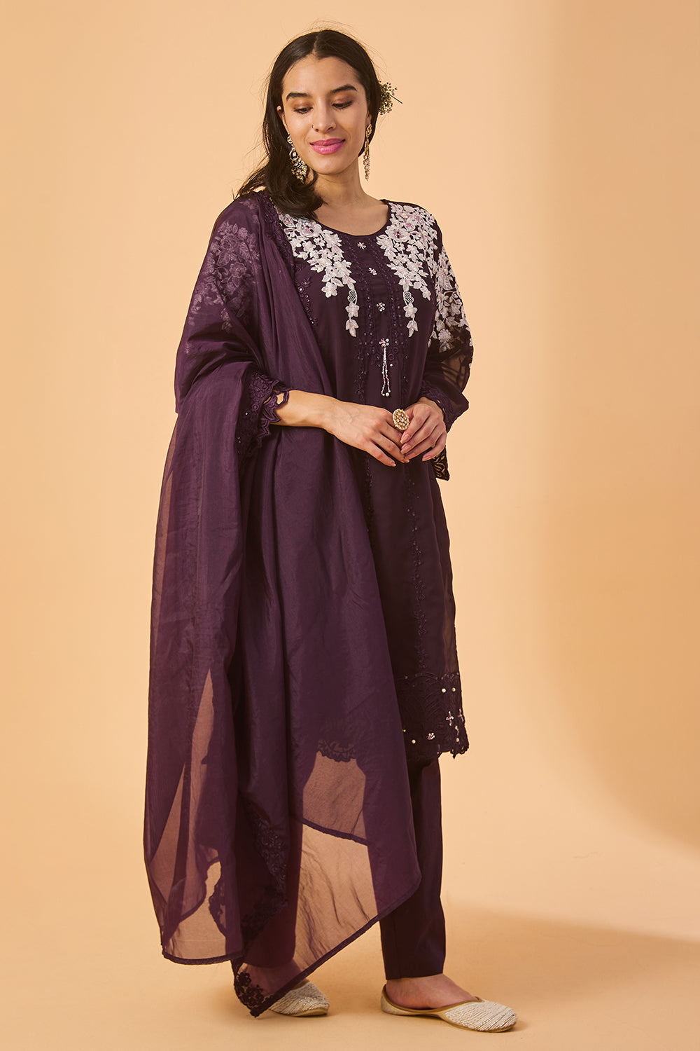 dhartii Deep Purple Georgette Embroidered Ethnic Set