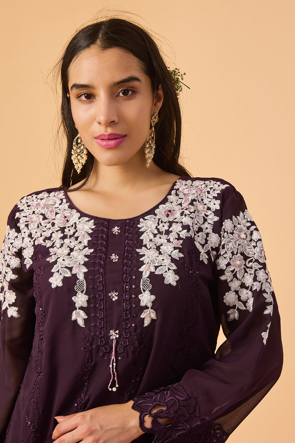 dhartii Deep Purple Georgette Embroidered Ethnic Set