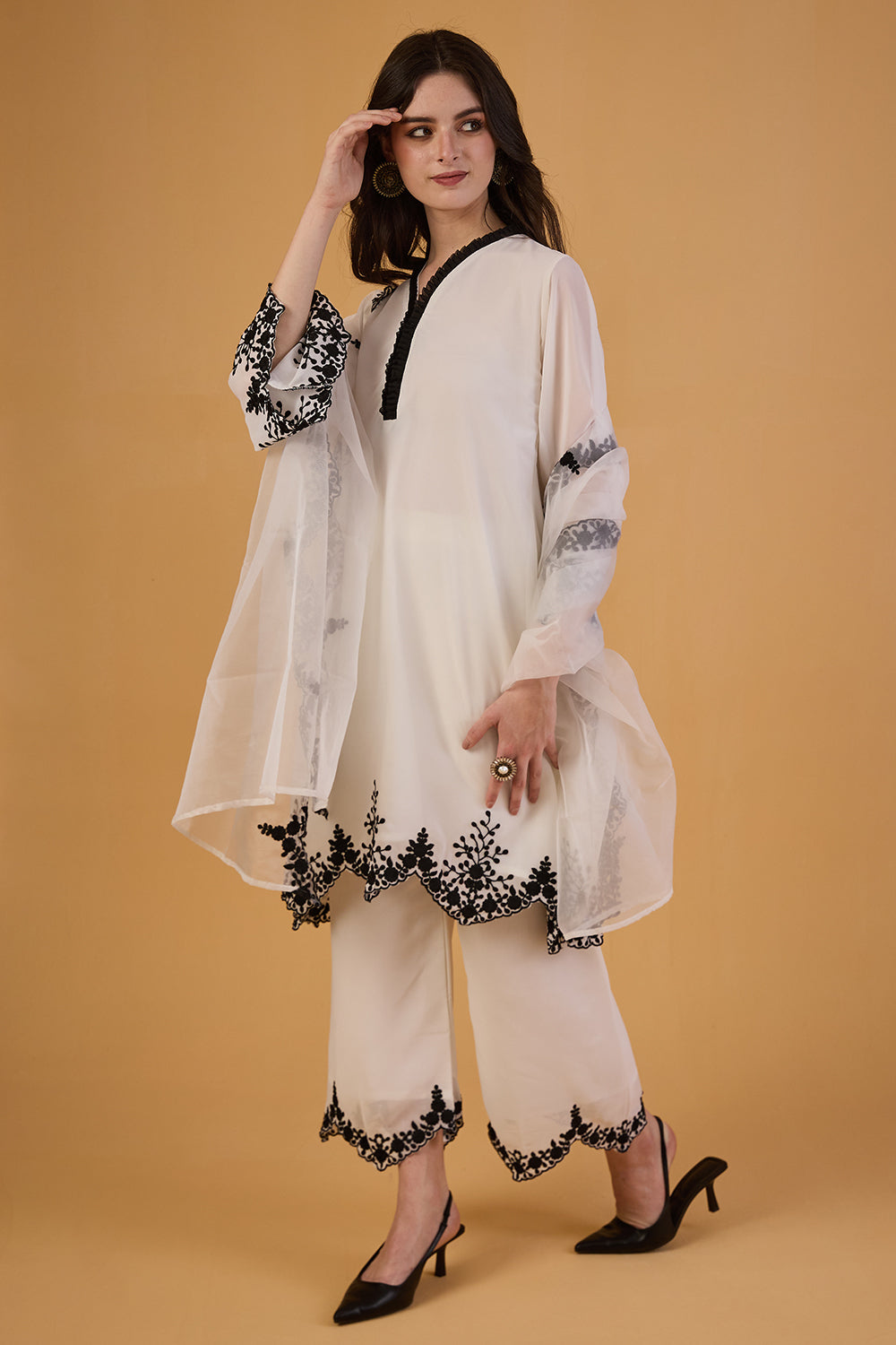 dhartii Elegant Off-White Embroidered Georgette Suit Set