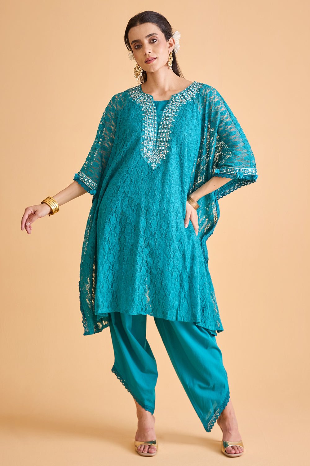 dhartii Turquoise Blue Embroidered Kaftan Set
