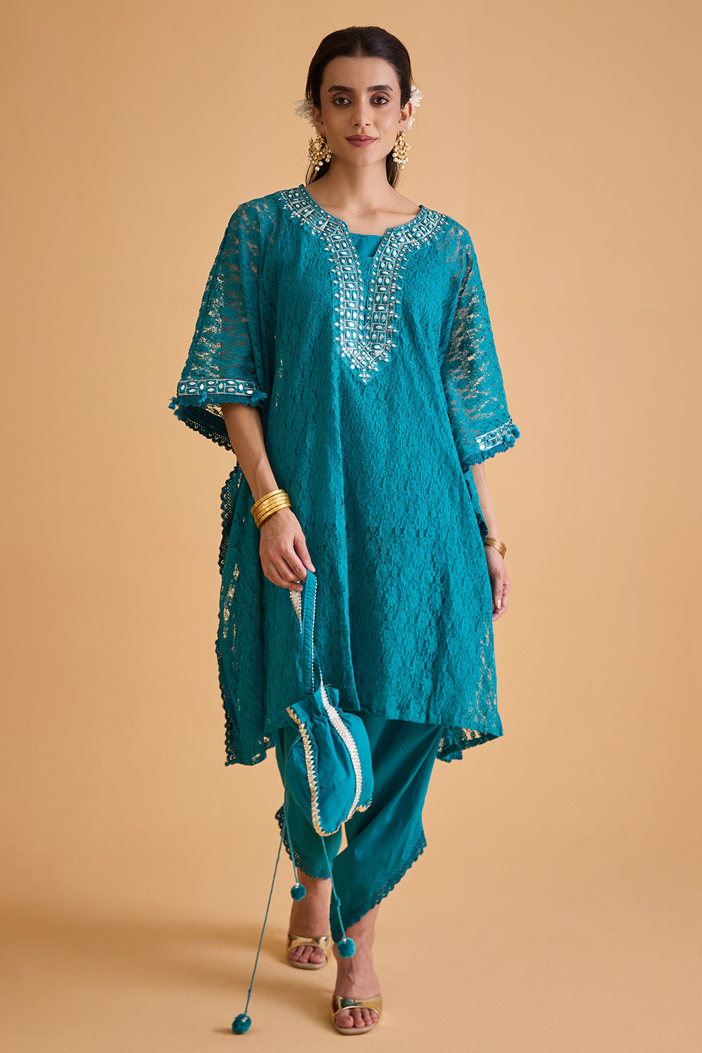 dhartii Turquoise Blue Embroidered Kaftan Set
