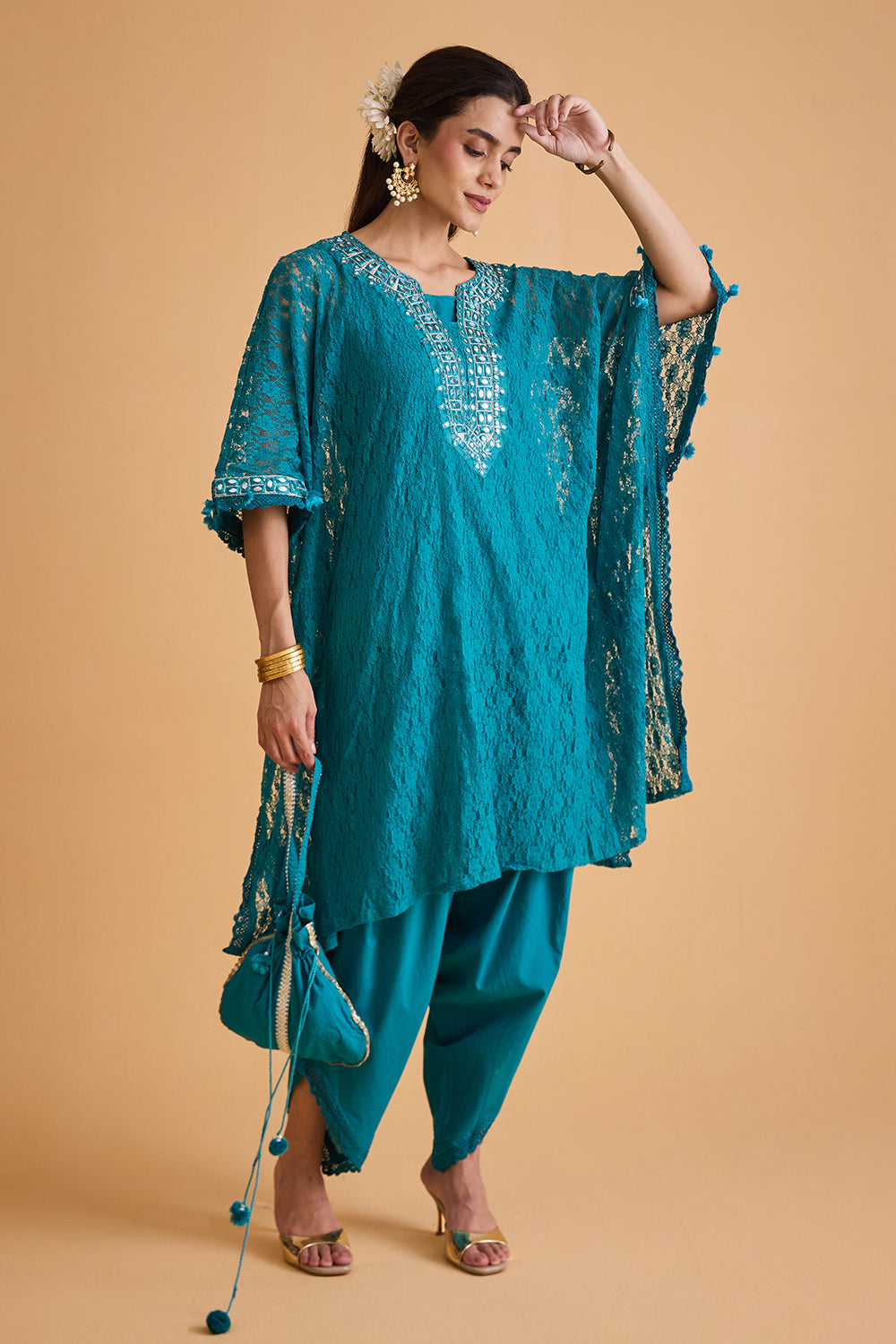 dhartii Turquoise Blue Embroidered Kaftan Set