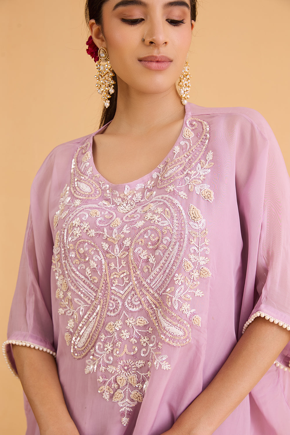 dhartii Soft lavender Embroidered Crepe Kaftan Set