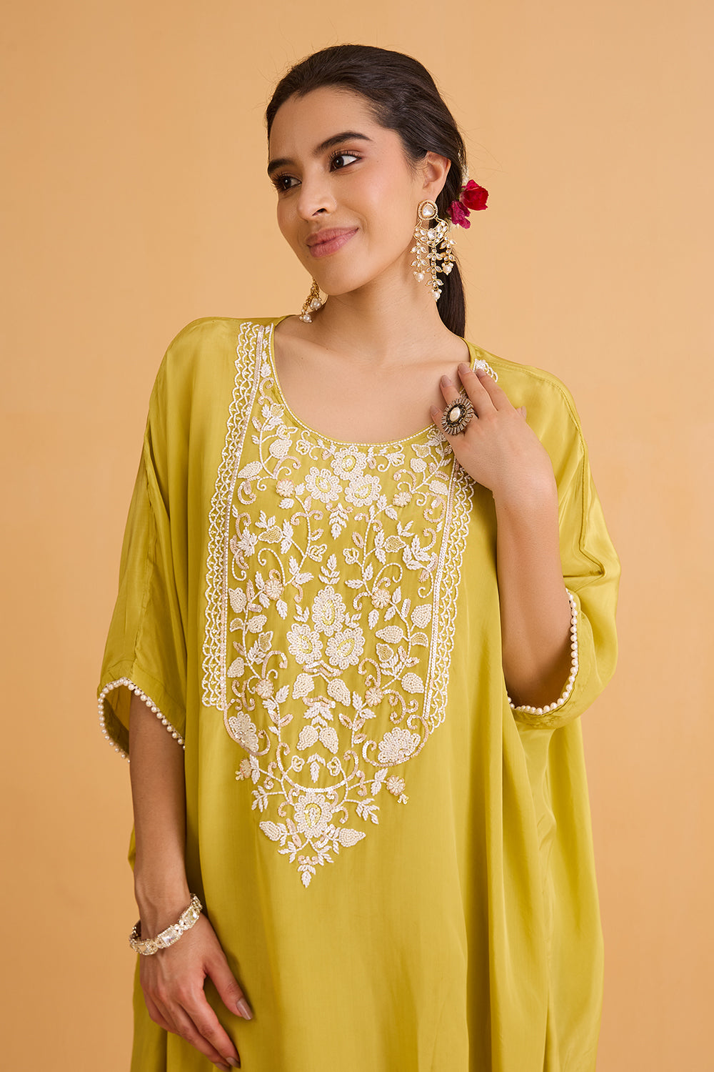 dhartii Yellow Embroidered Natural Crepe Kaftan Set