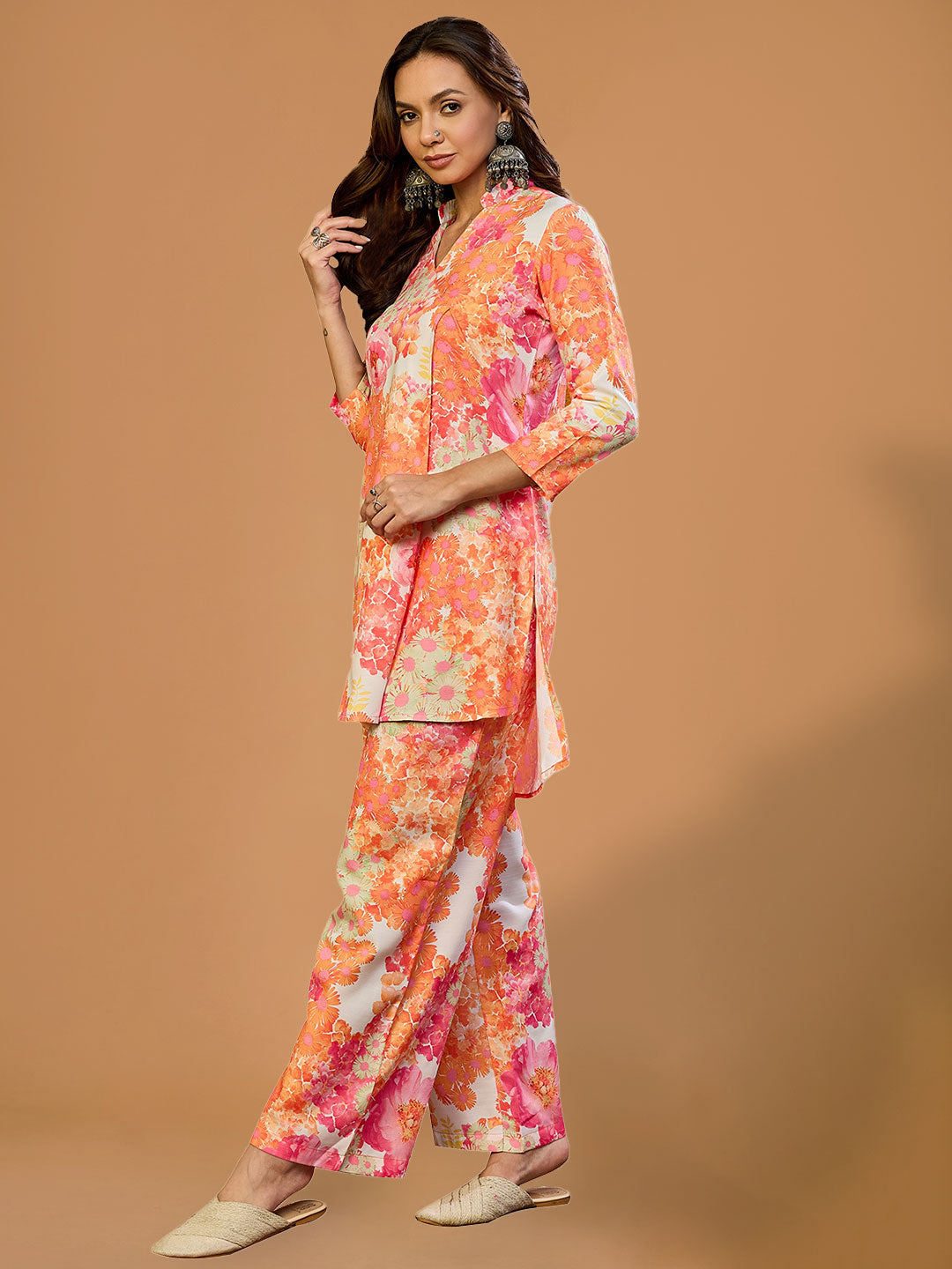 Pink Floral Rayon Straight Co-ord Set