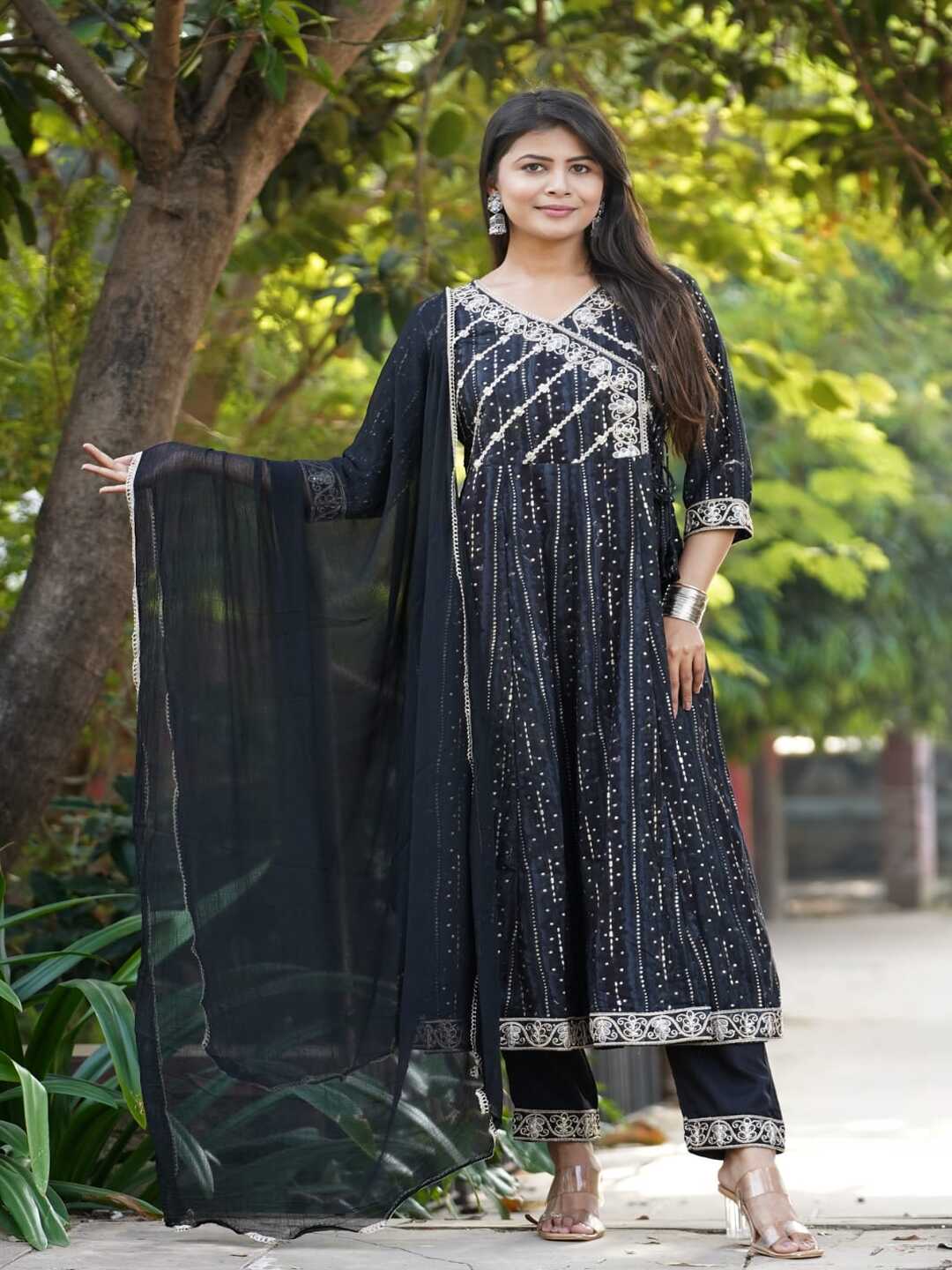 Black Embroidered Angharakha Style Rayon Foil Suit Set