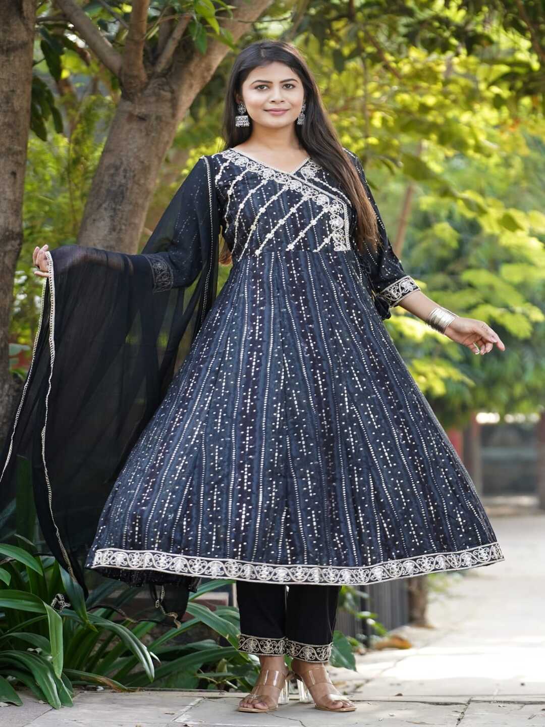 Black Embroidered Angharakha Style Rayon Foil Suit Set