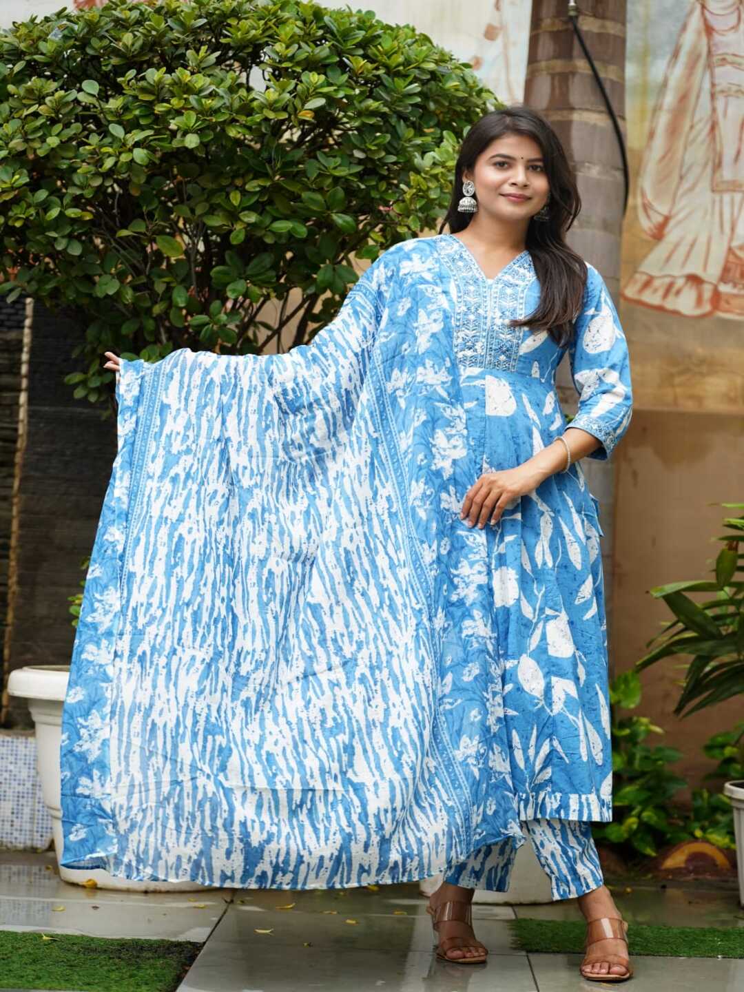 Blue Embroidered Anarkali Cotton Suit Set