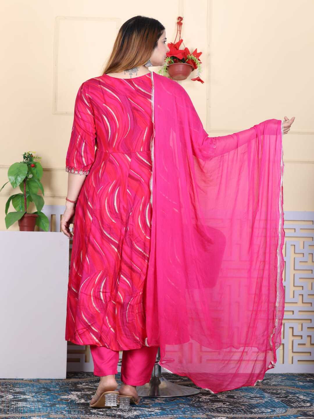 Pink Embroidered A-line Rayon Suit Set