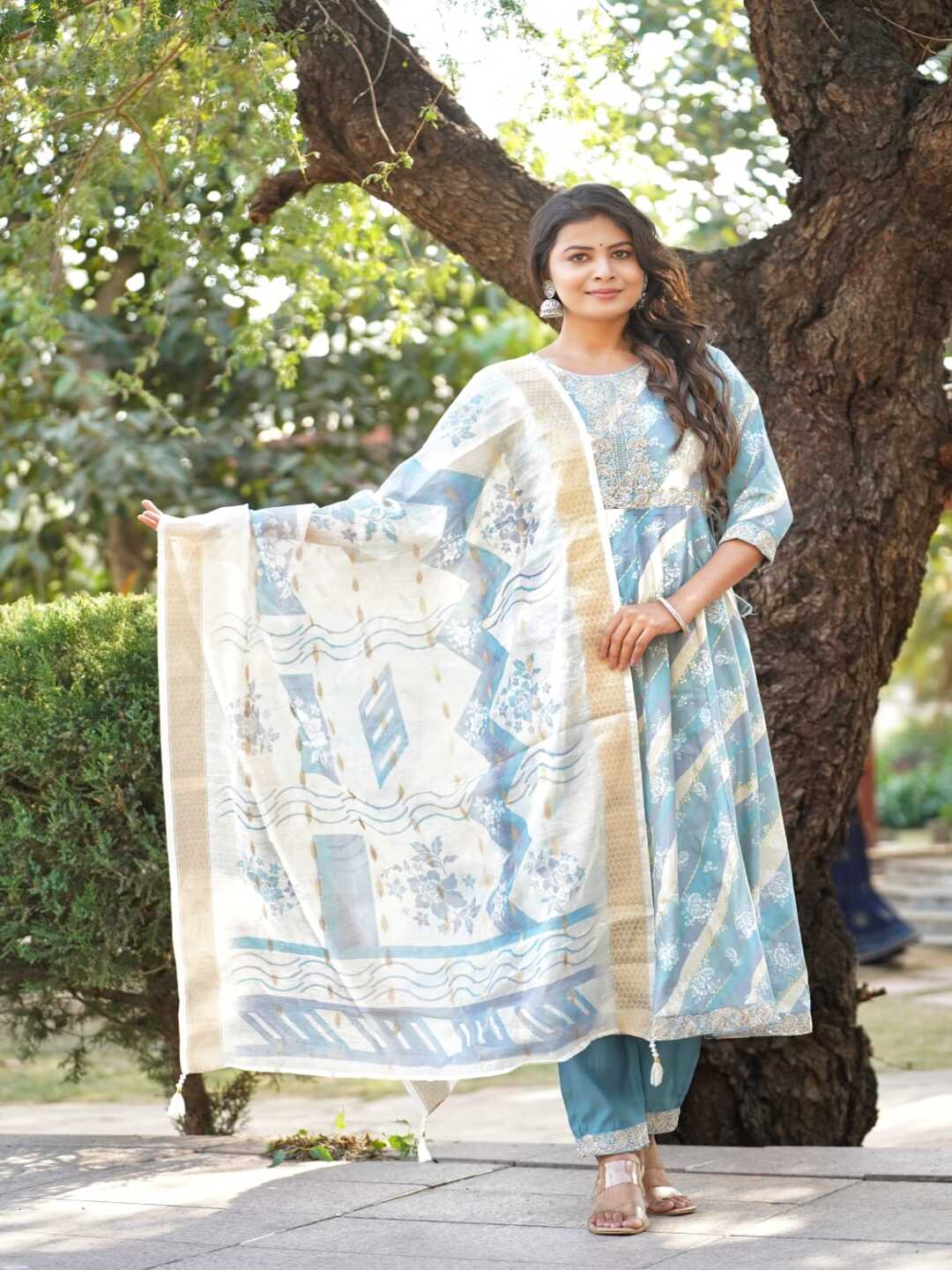 Blue Embroidered Straight Rayon Foil Suit Set