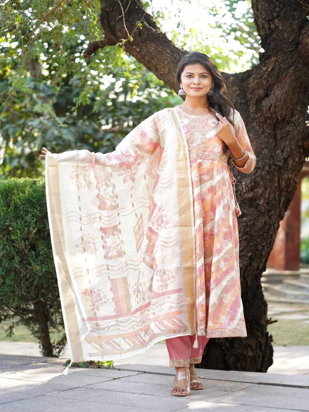 Pink Embroidered Anarkali Rayon Foil Suit Set