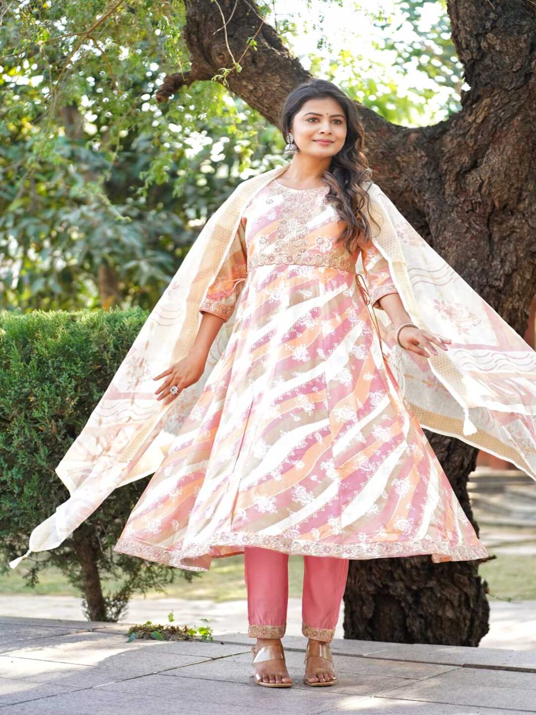 Pink Embroidered Anarkali Rayon Foil Suit Set