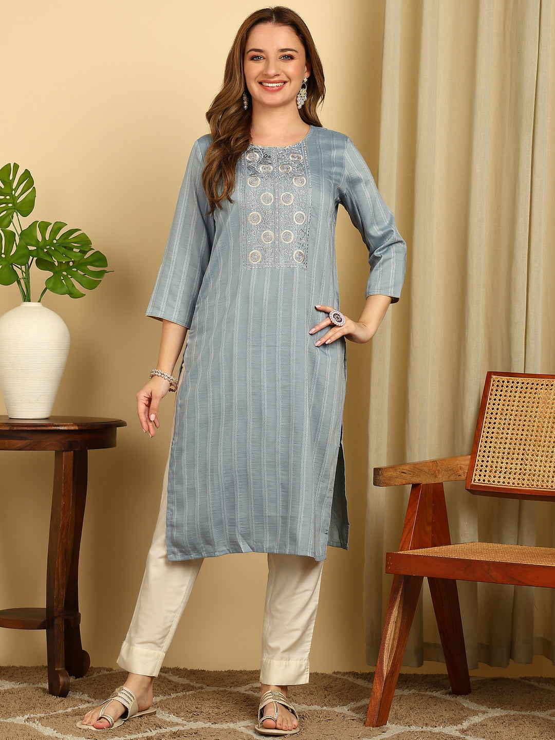 Embroidered Dark Green PolySilk Straight Kurta