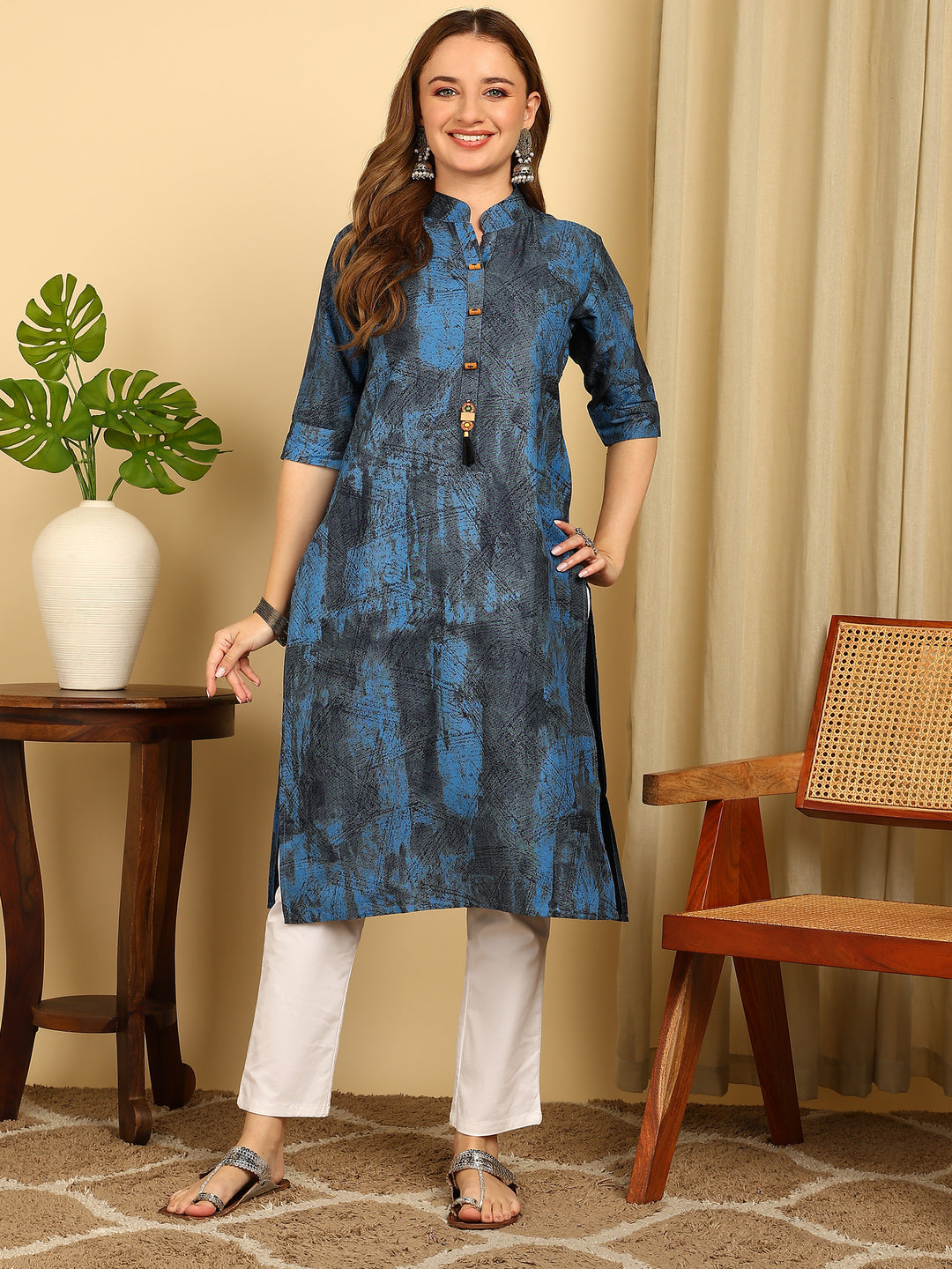 Indigo Blue Solid Cotton Blend Casual Straight Kurta
