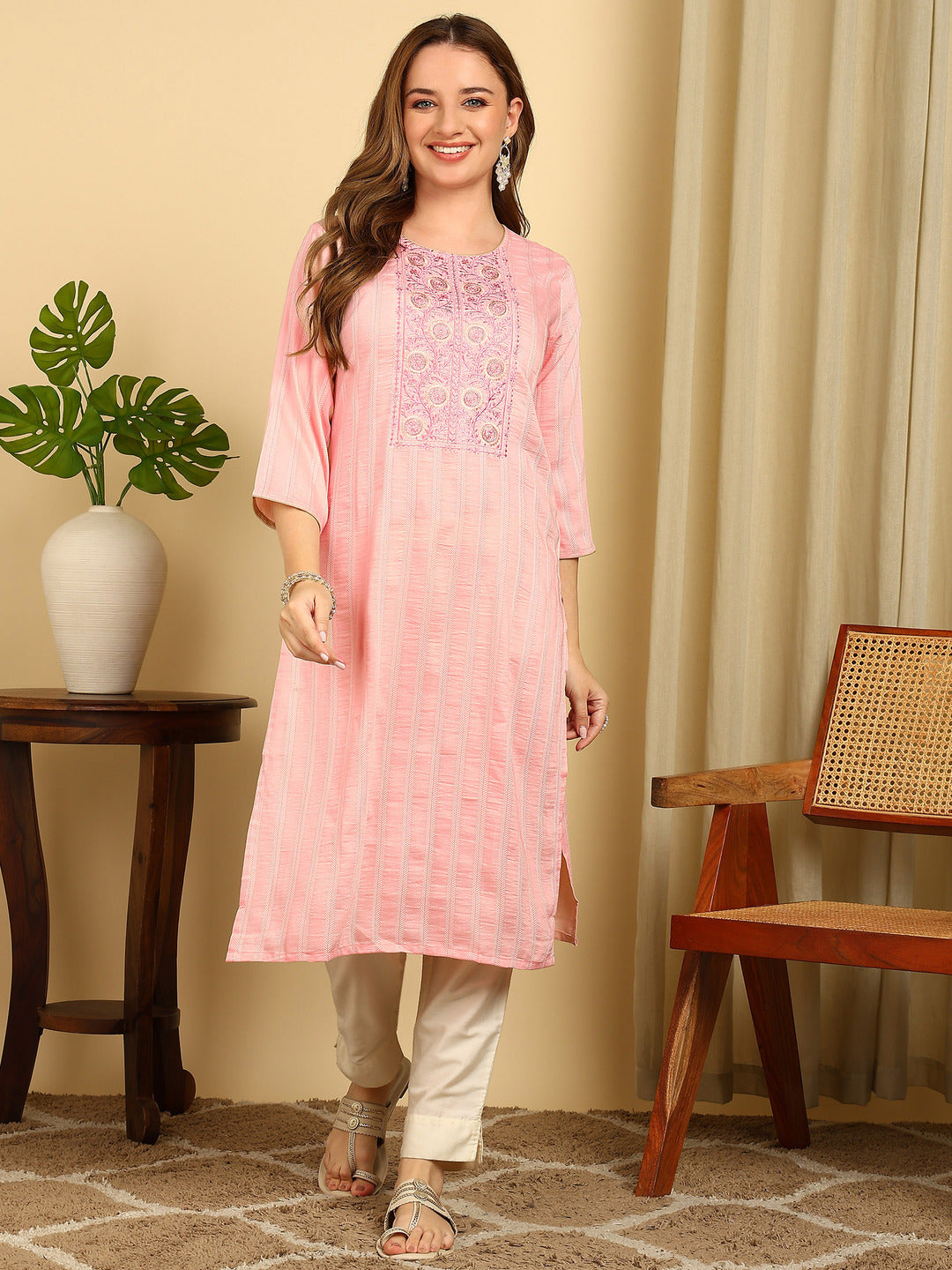 Pink Embroidered PolySilk Straight Kurta