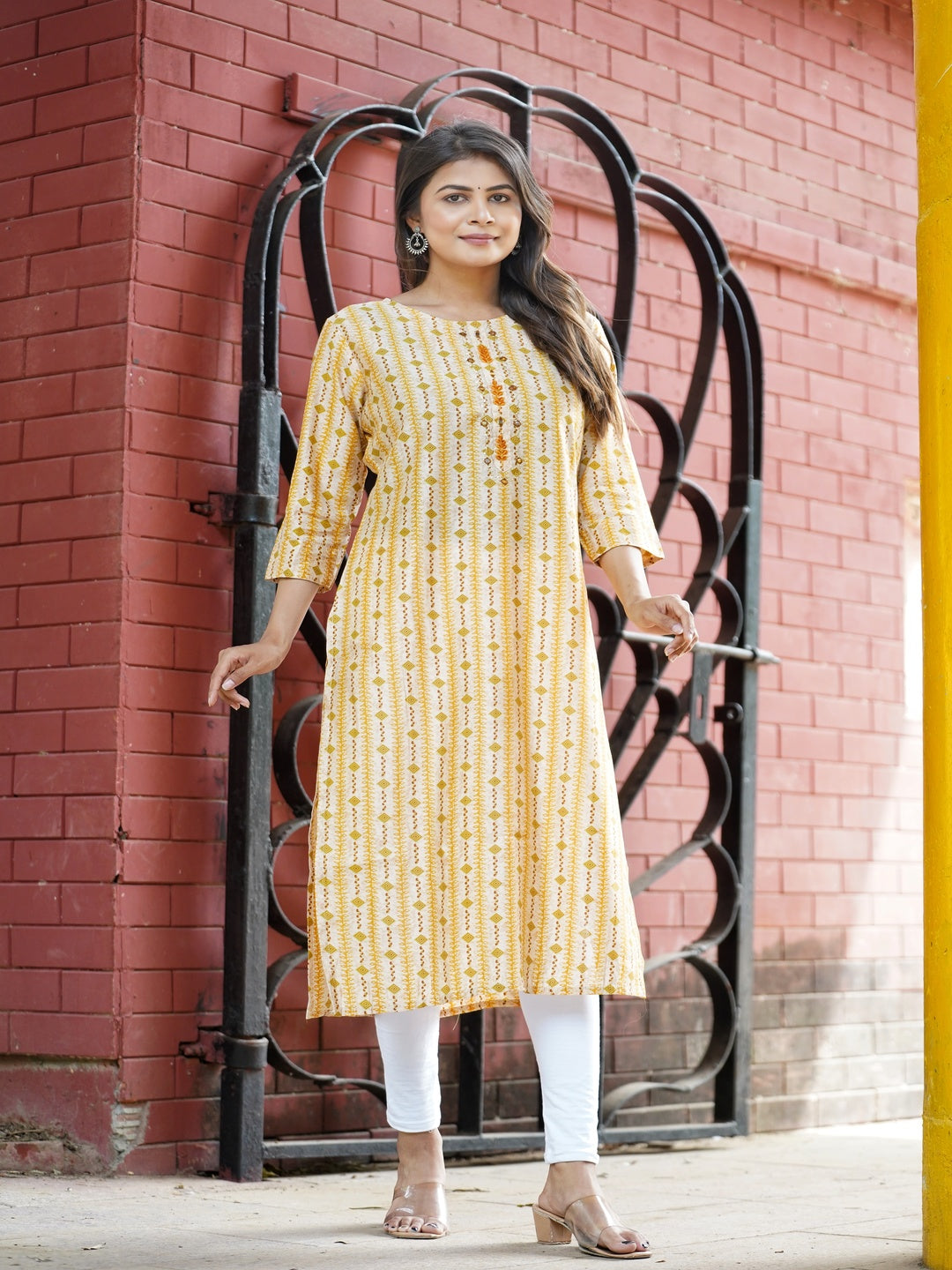 Yellow Embroidered Straight Chanderi Kurta