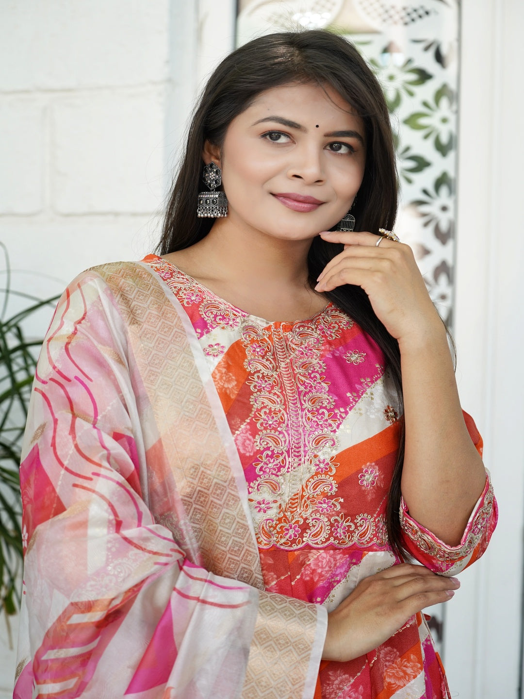 Pink Embroidered Straight Rayon Foil Suit Set