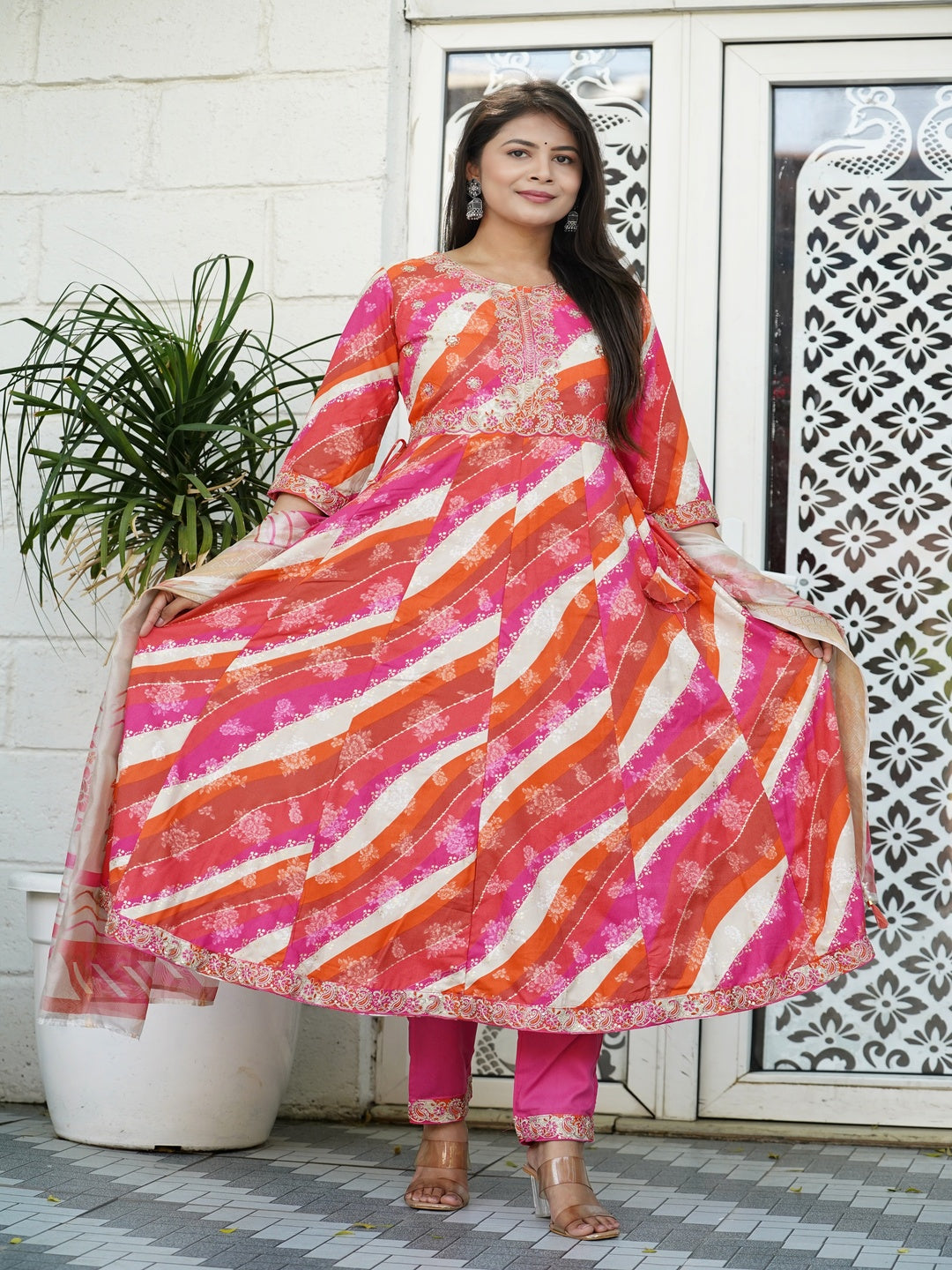 Pink Embroidered Straight Rayon Foil Suit Set