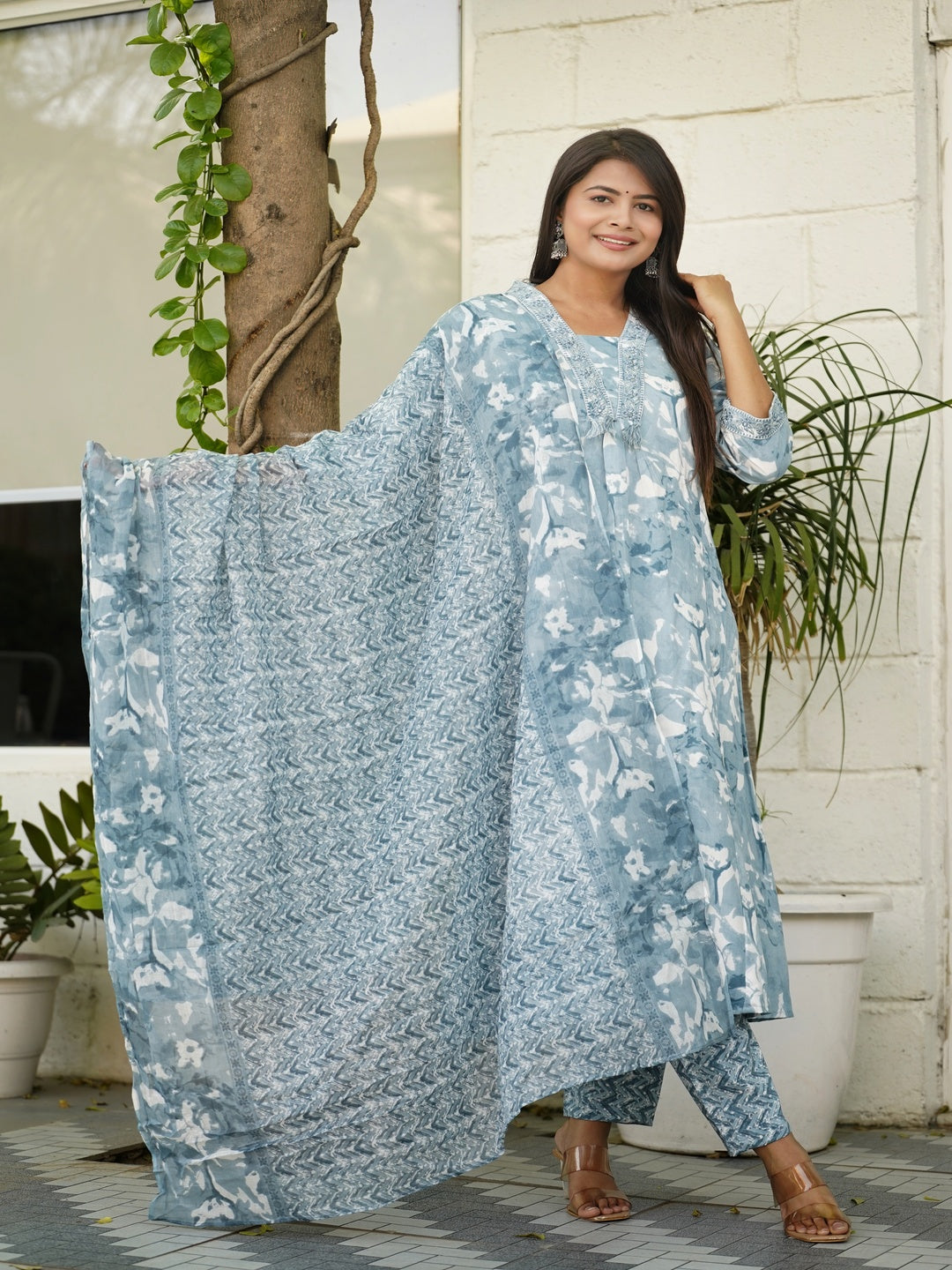 Blue Embroidered A-line Rayon Suit Set