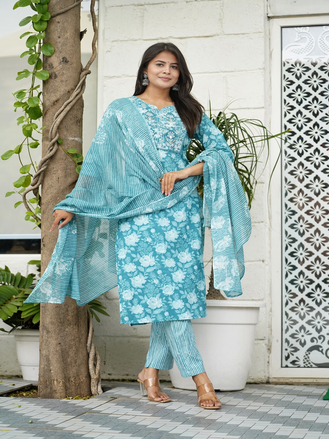 Blue Embroidered A-line Cotton Suit Set