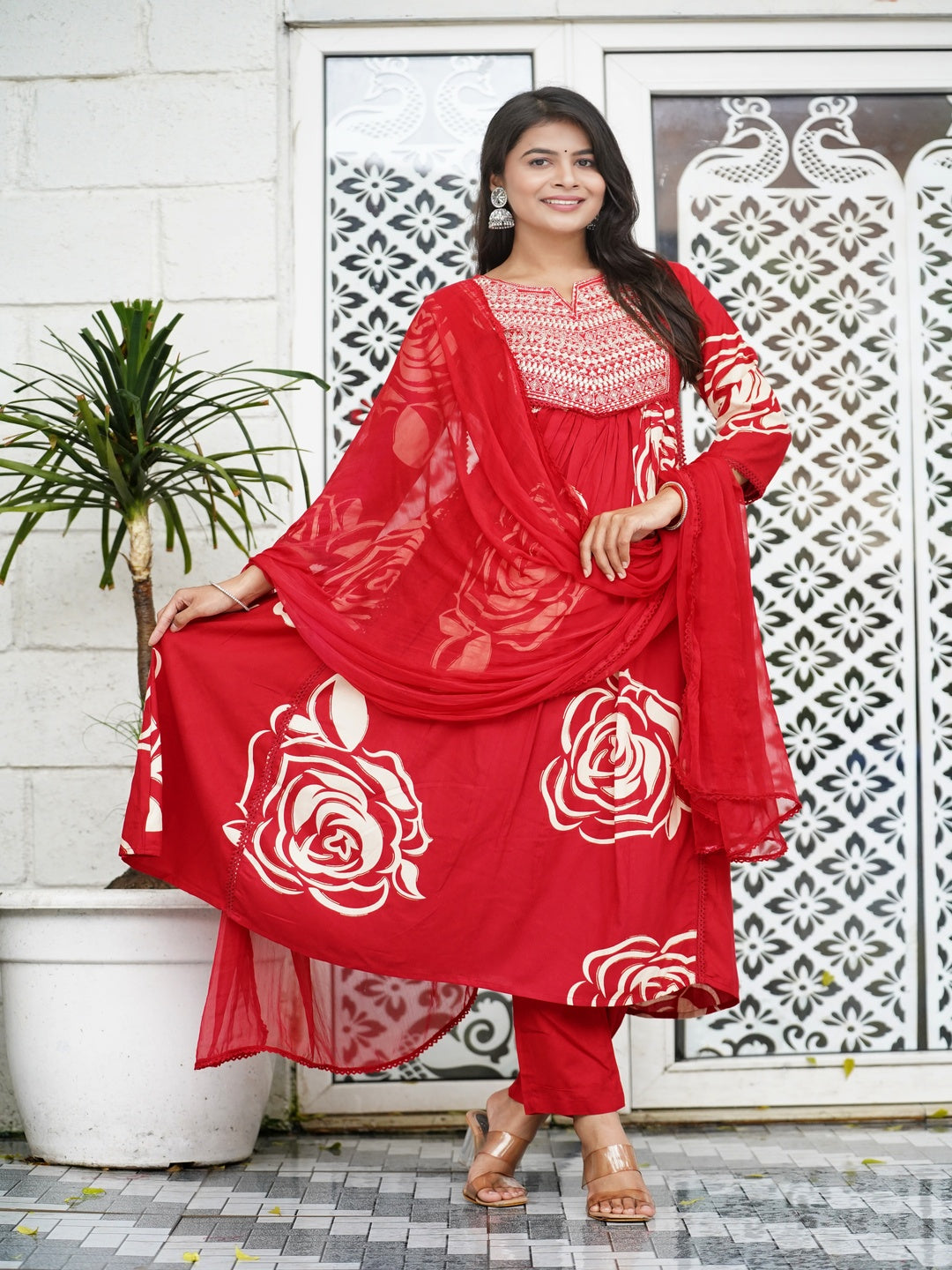 Red Embroidered Anarkali Rayon Foil Suit Set