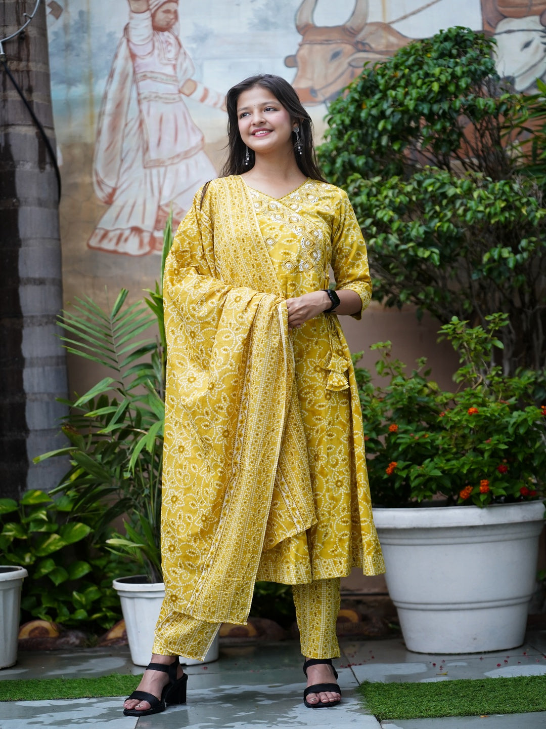 Yellow Embroidered Angharakha Rayon Suit Set