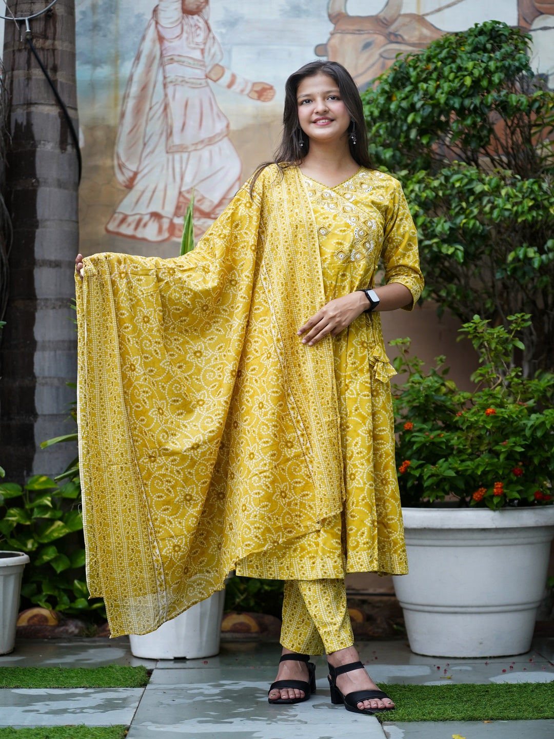 Yellow Embroidered Angharakha Rayon Suit Set