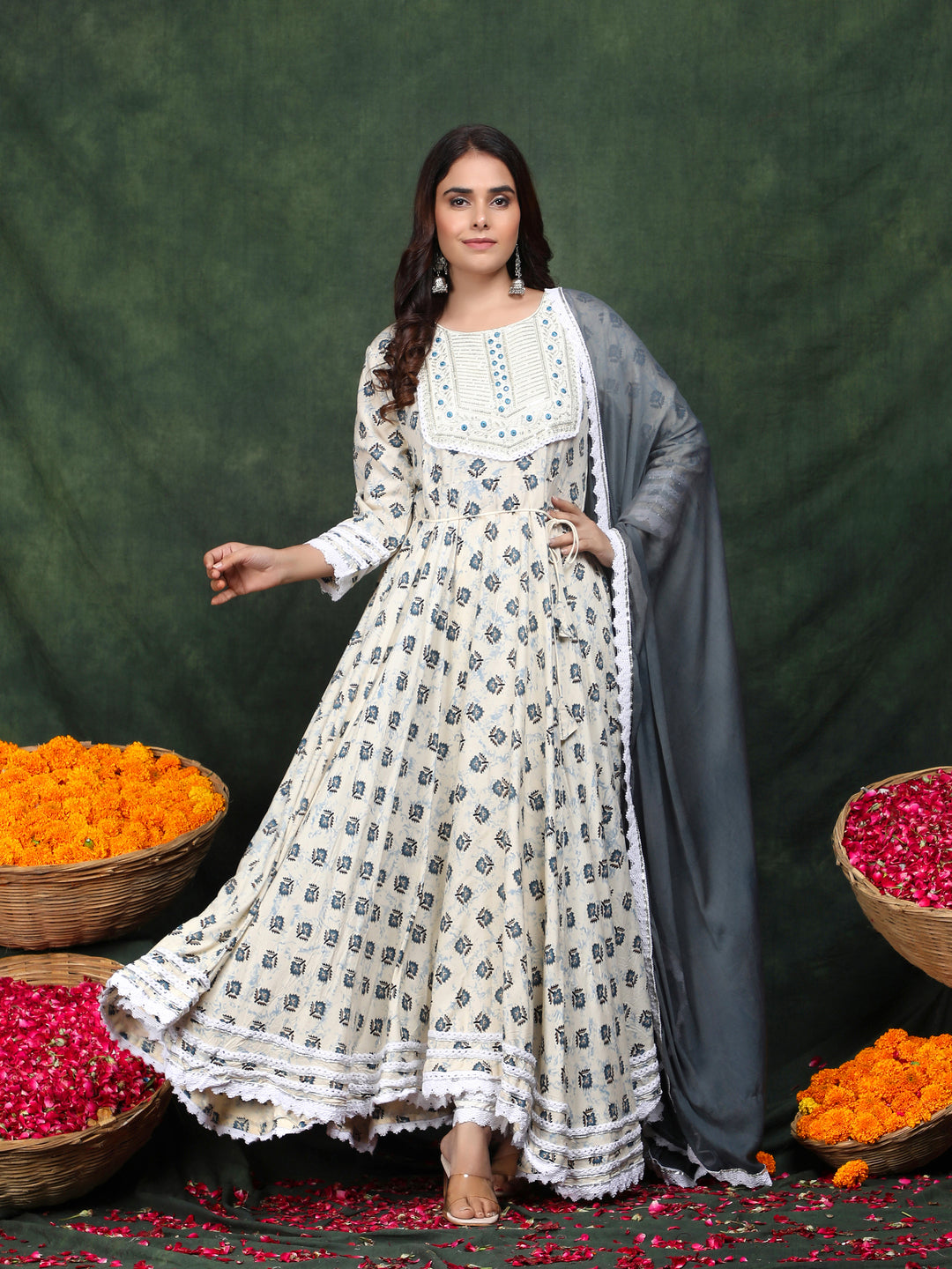 White Grey Embroidered Anarkali Rayon Suit Set