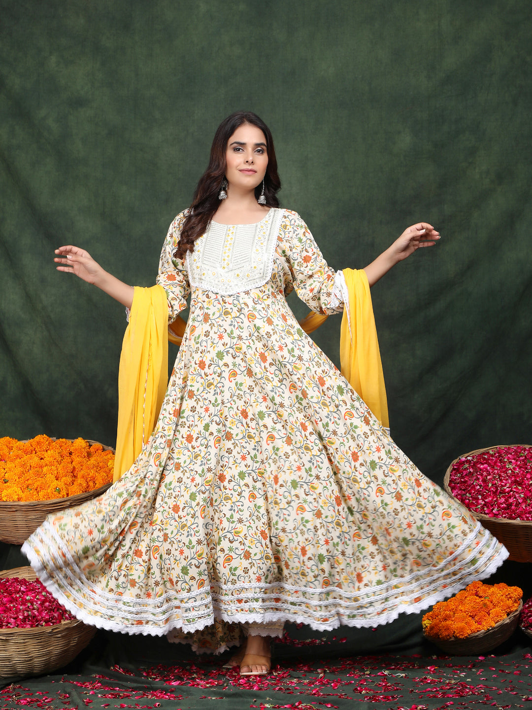 Yellow Embroidered Anarkali Rayon Suit Set