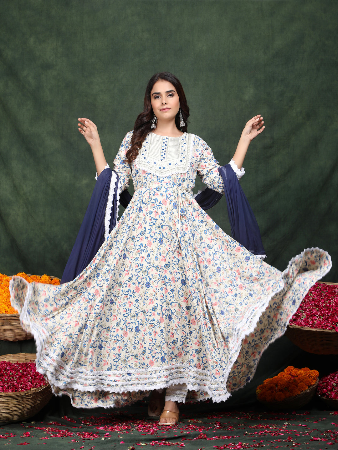 Blue Embroidered Rayon Anarkali Suit Set