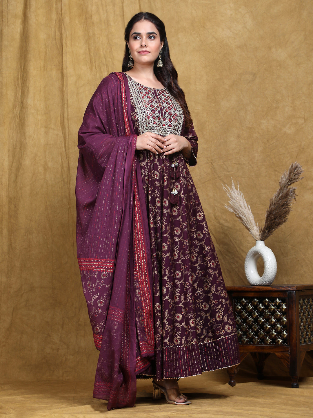 Maroon Embroidered Anarkali Rayon Suit Set