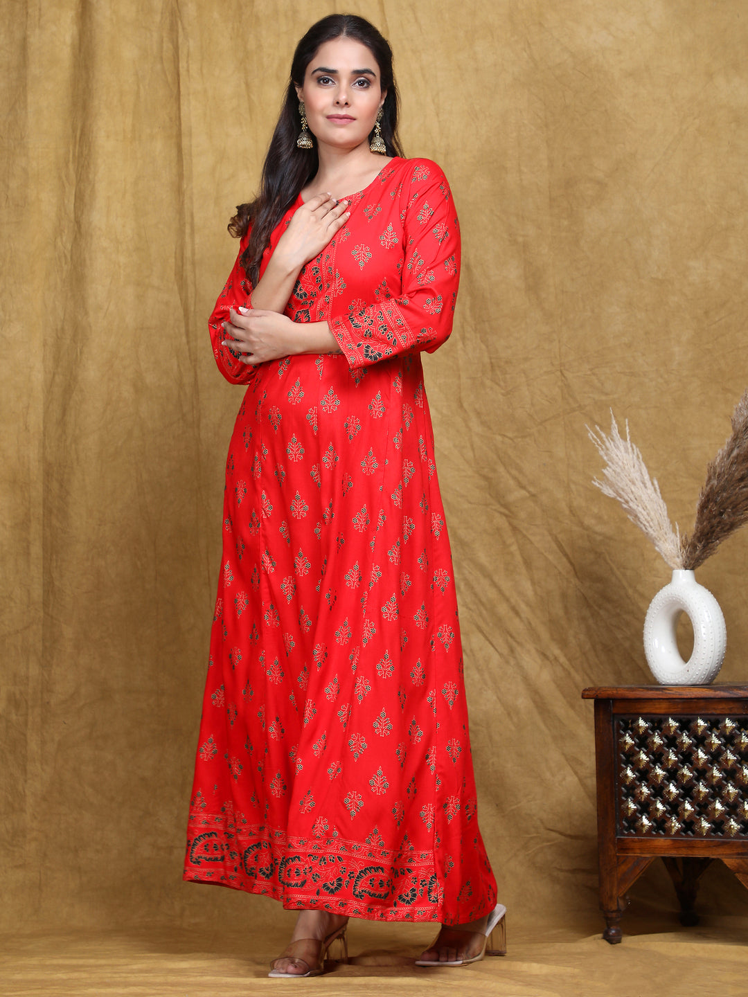 Red Printed Flared Rayon Dress