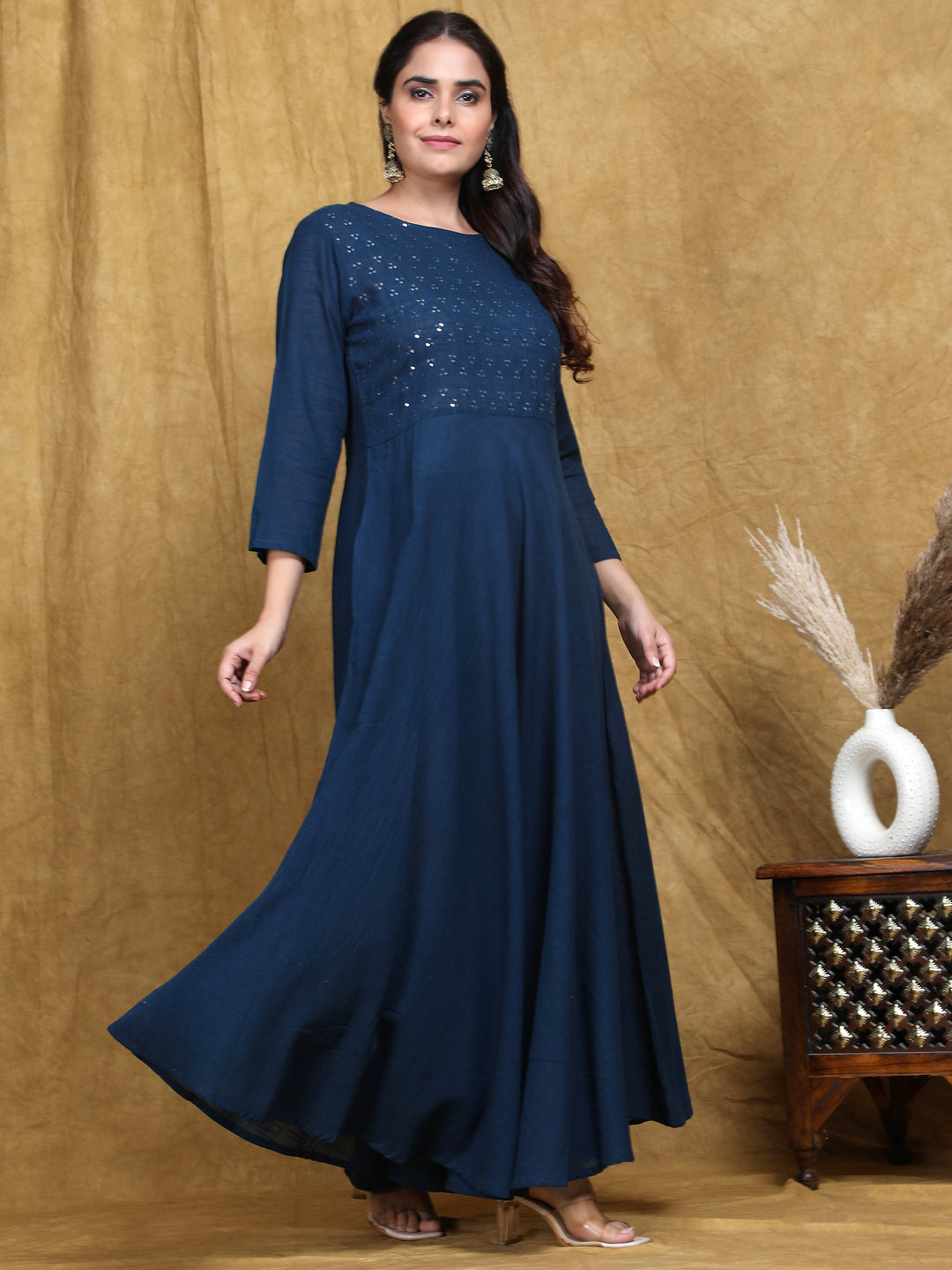 Blue Printed Flared Cotton Slub Dress