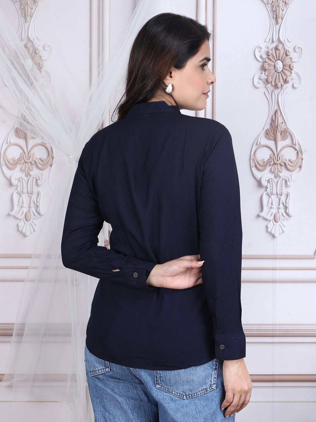 Navy Blue Solid Straight Rayon Top