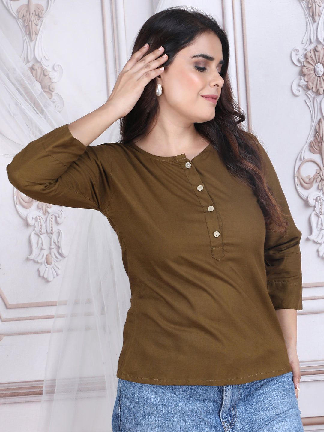 Brown Solid Straight Rayon Top