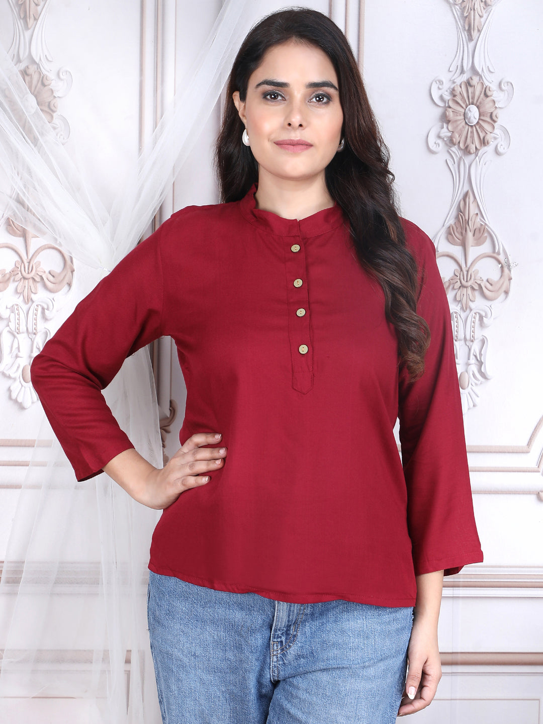 Maroon Solid Pattern Straight Rayon Top