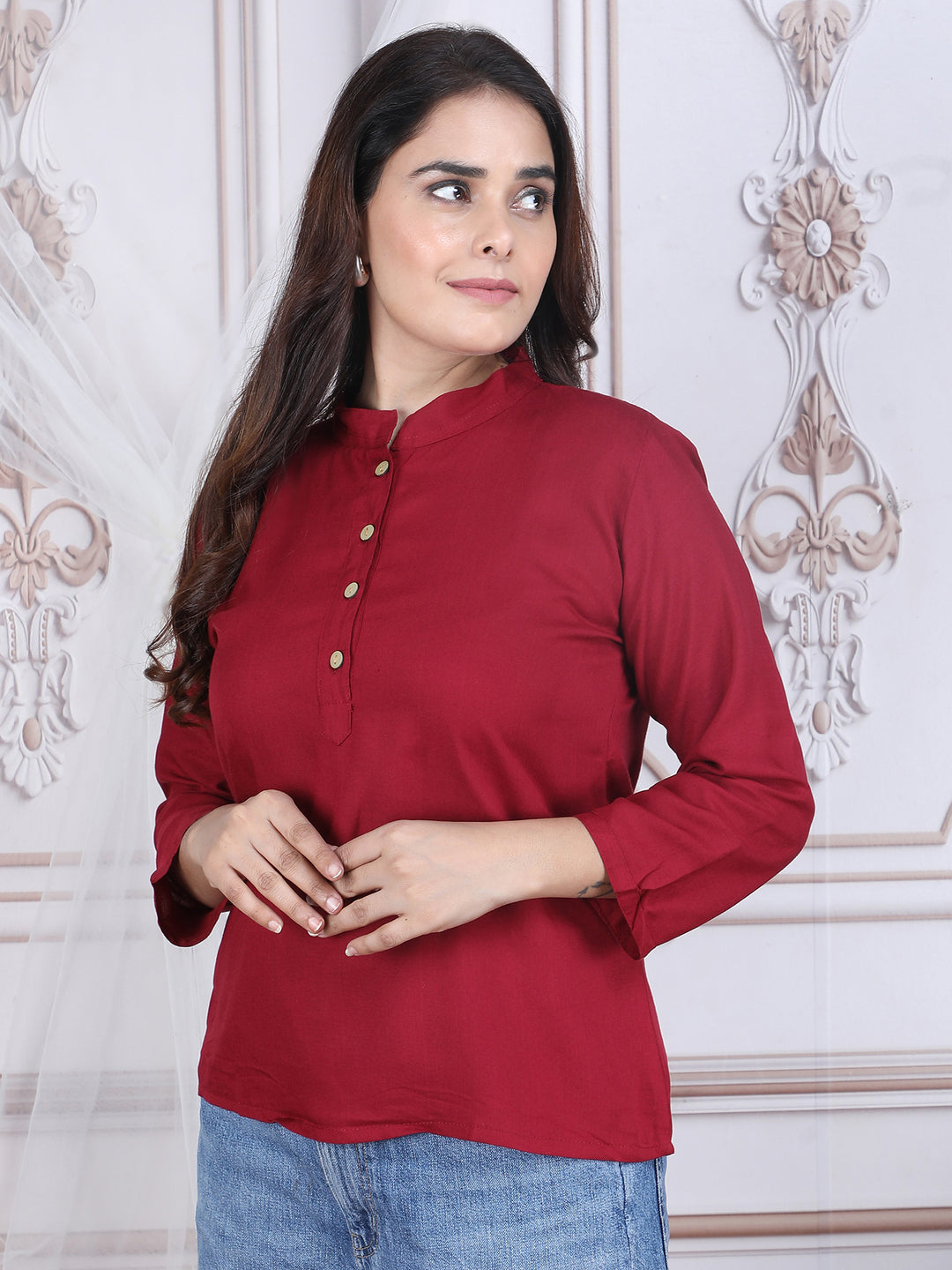 Maroon Solid Pattern Straight Rayon Top