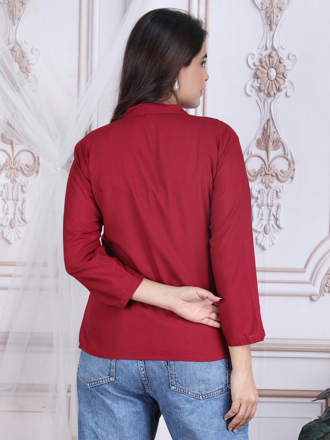 Maroon Solid Pattern Straight Rayon Top