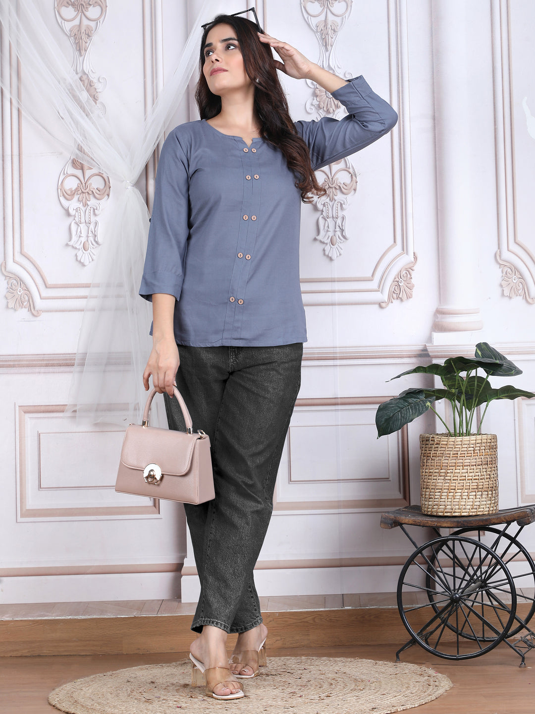 Grey Solid Pattern Straight Rayon Top