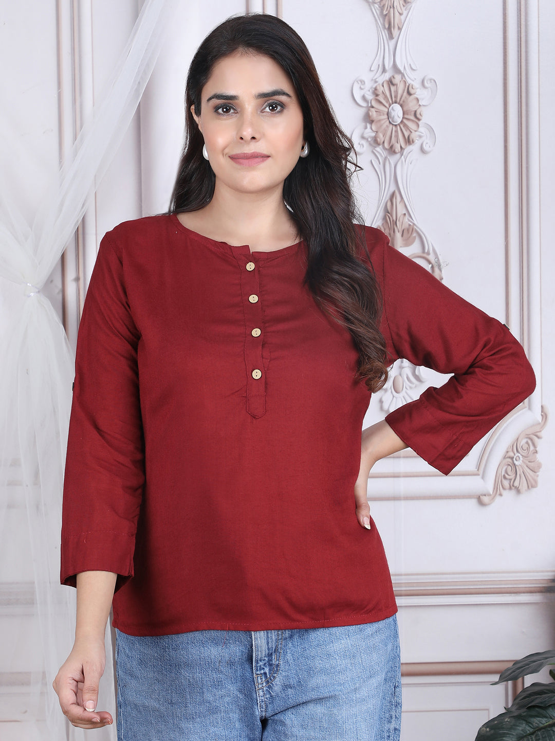 Maroon Solid Straight Round Neck Rayon Top