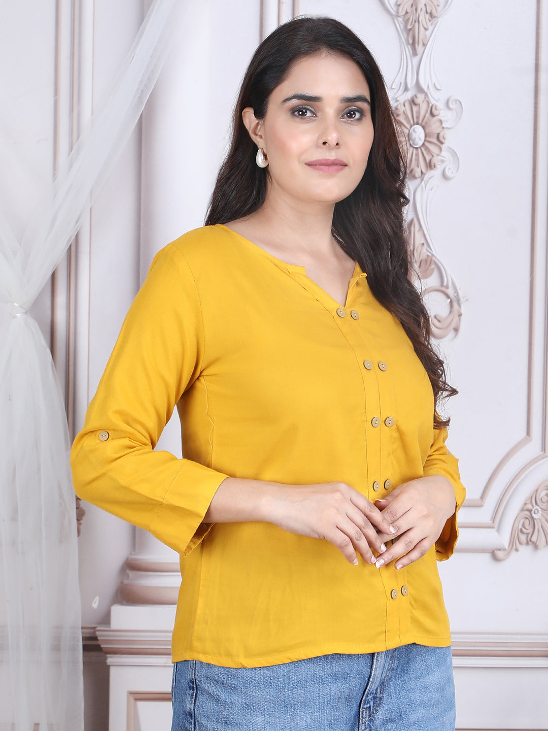 Yellow Solid Straight-Fit Rayon Top