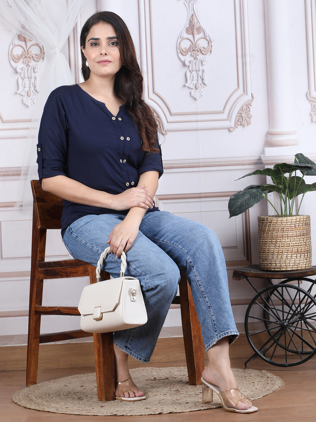 Navy Blue Solid Pattern Straight Rayon Top