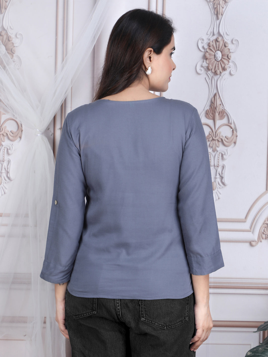 Grey Soild Straight Rayon Top