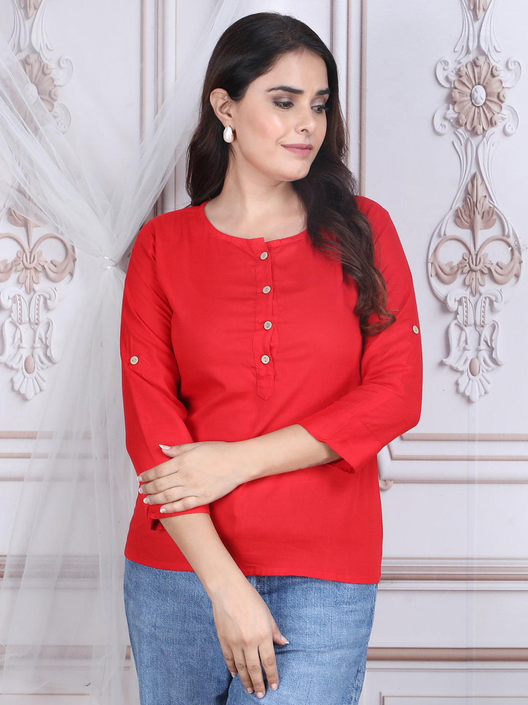 Red Solid Straight Rayon Top