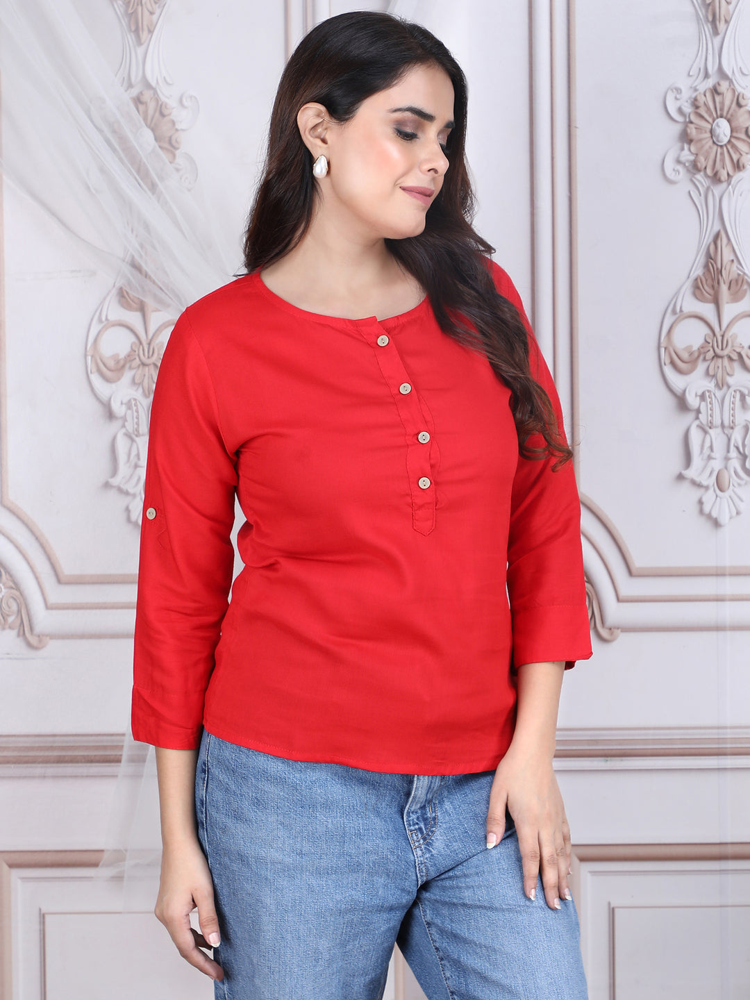 Red Solid Straight Rayon Top