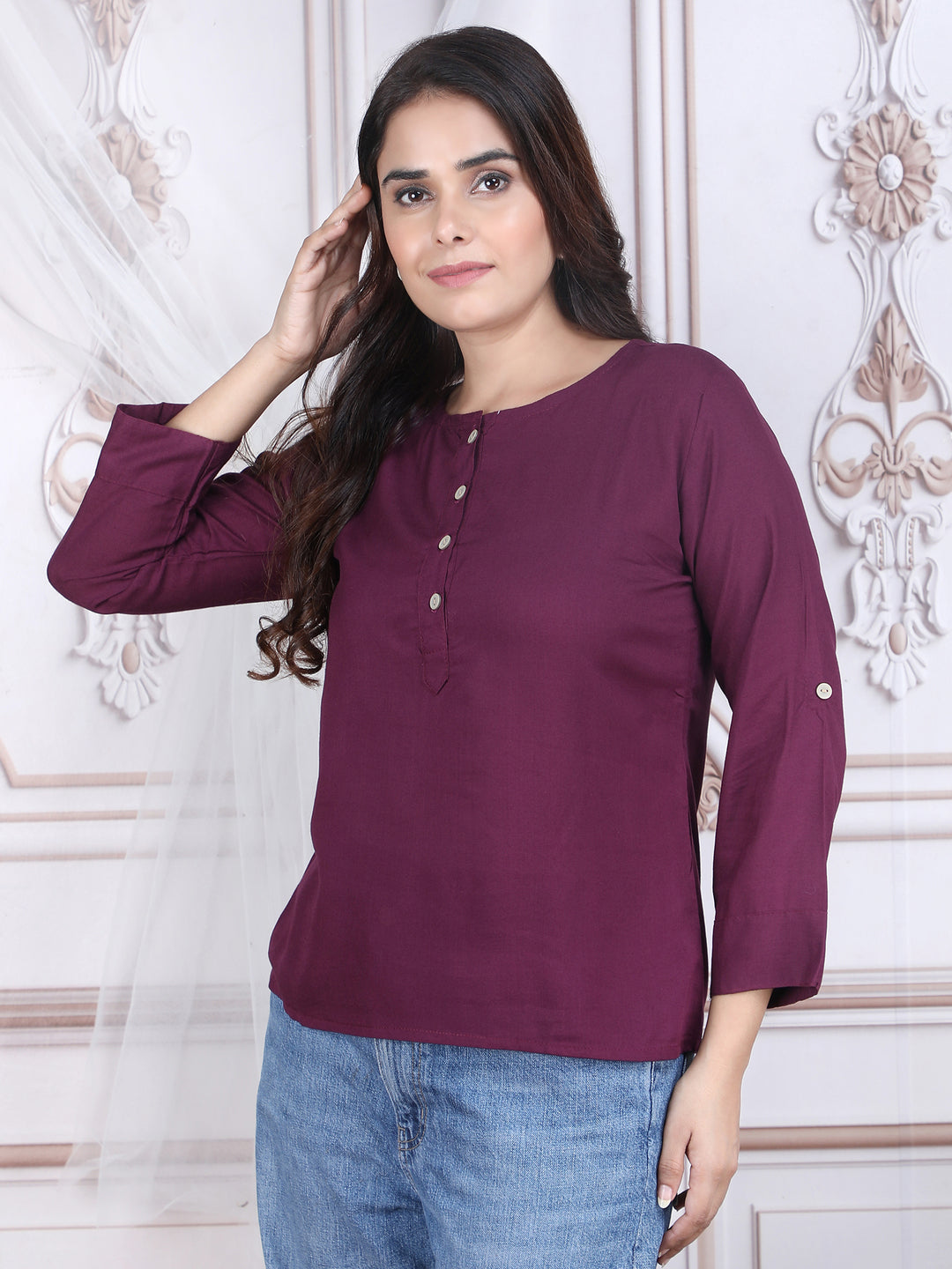 Purple Solid Straight Rayon Top