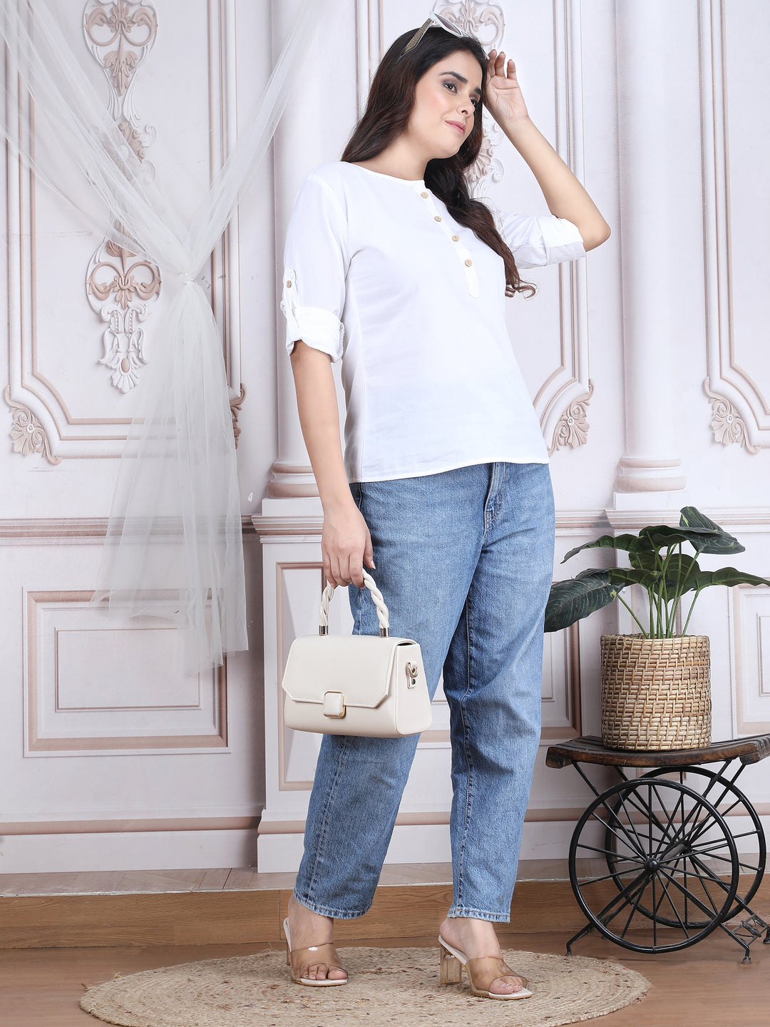 White Solid Straight Rayon Top