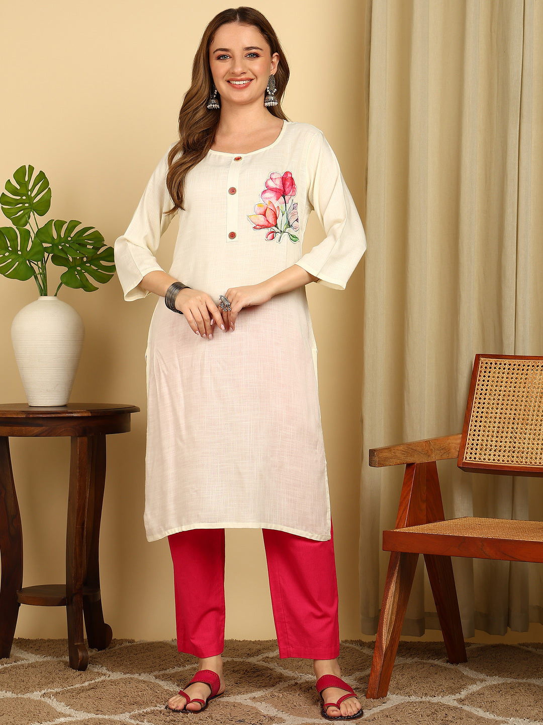 Off White Solid Cotton Blend Straight Kurta