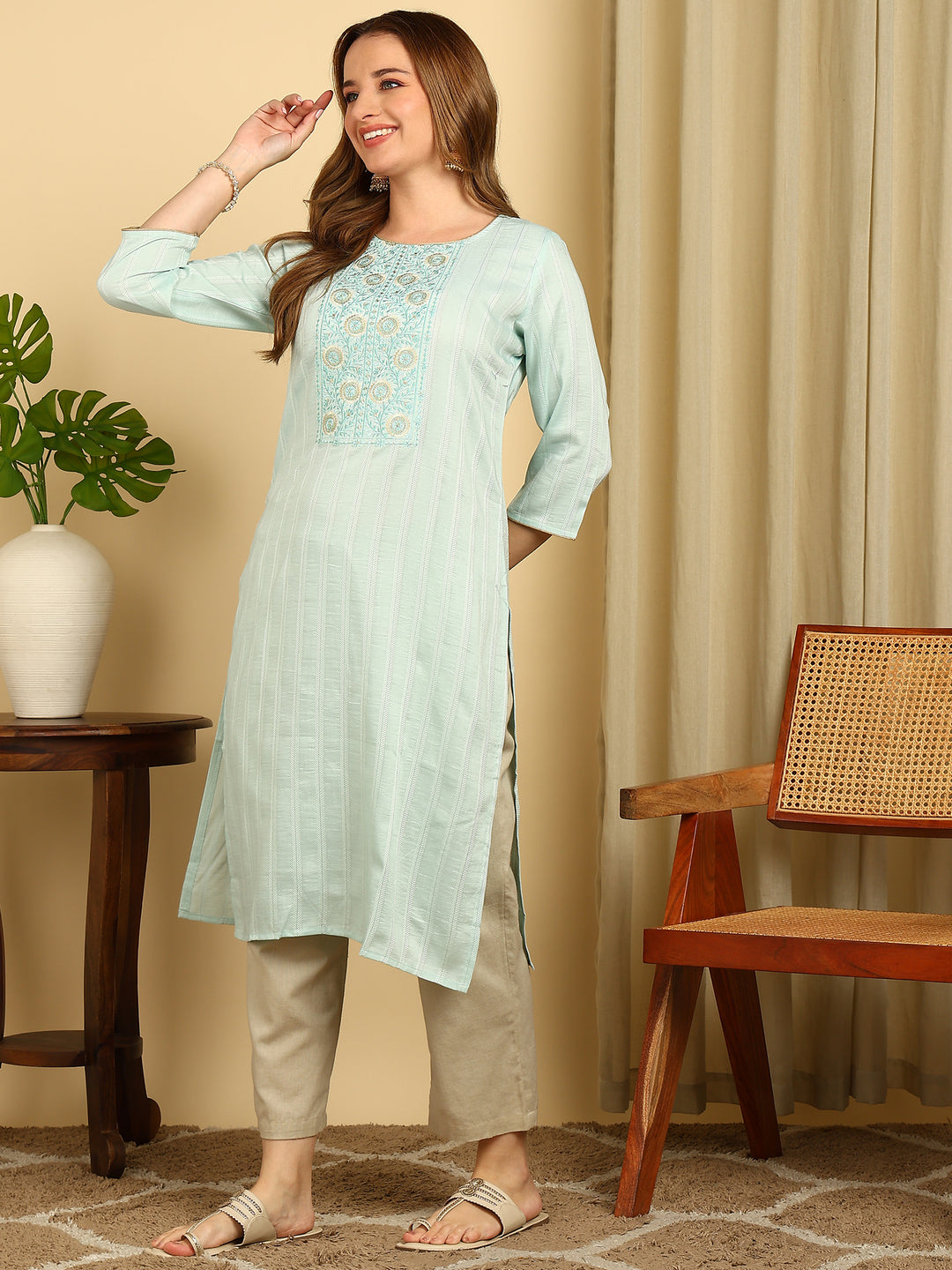 Embroidered Aqua PolySilk Straight Kurta